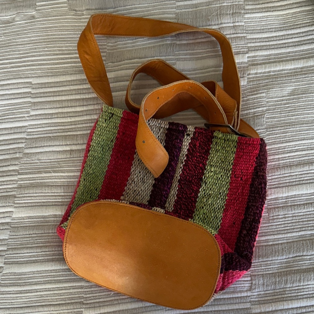 Handwoven Multicolor Stripe Tote with Tan Leather Trim